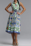 Flowering Girl Women Sleeveless Collared Tile Print Belted A-Line Midi Dress