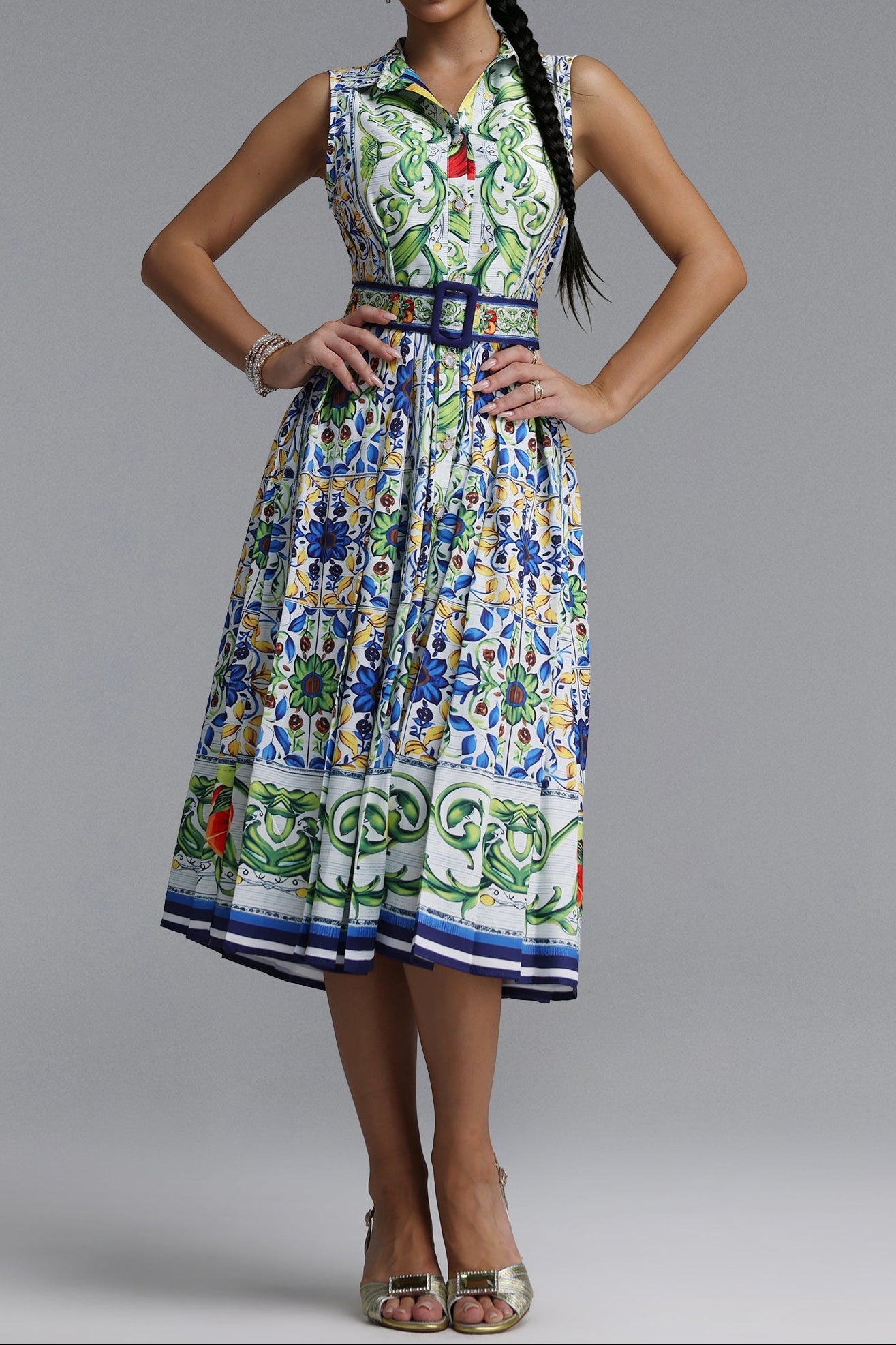 Flowering Girl Women Sleeveless Collared Tile Print Belted A-Line Midi Dress