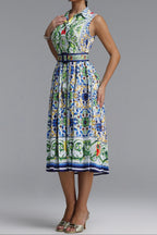 Flowering Girl Women Sleeveless Collared Tile Print Belted A-Line Midi Dress