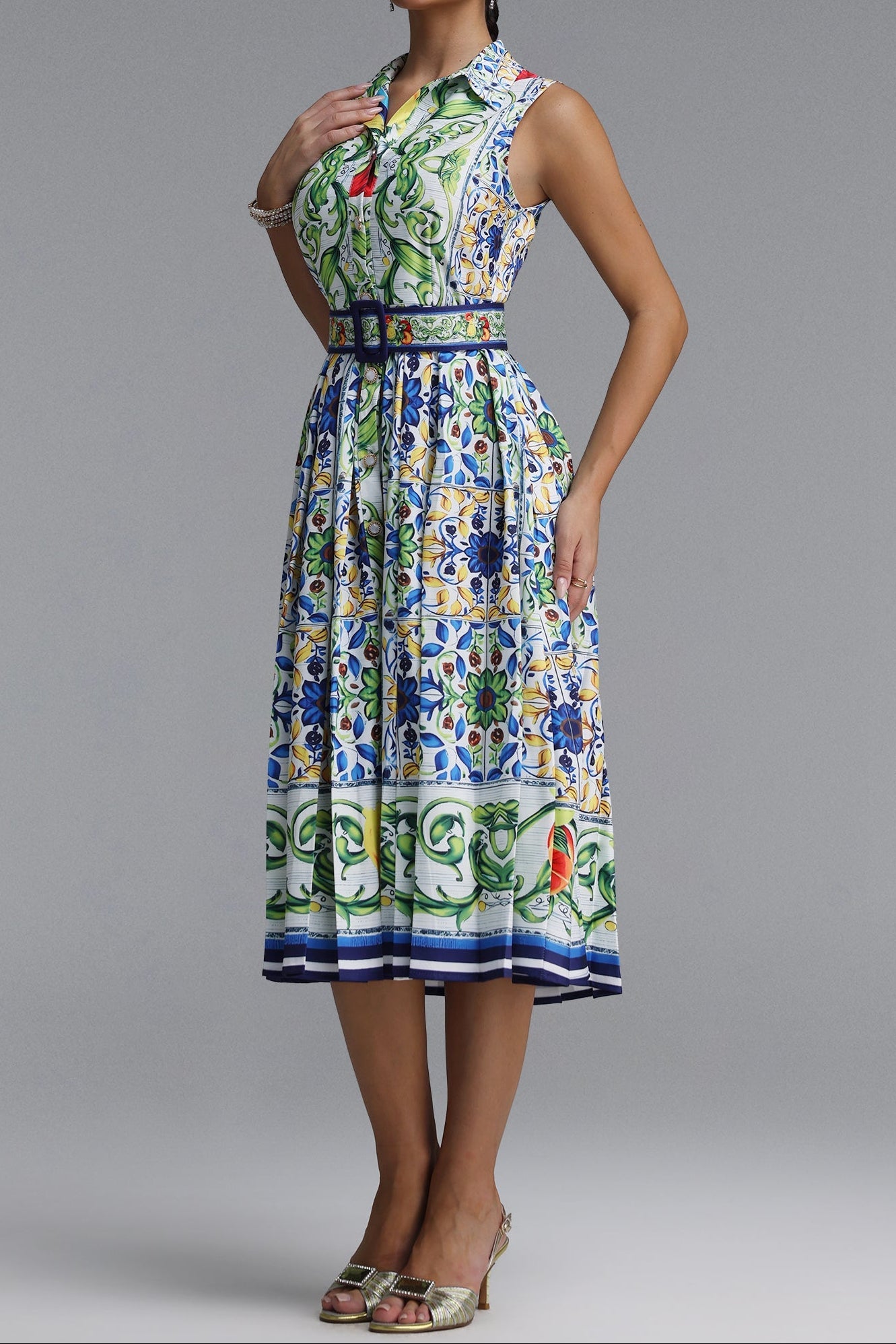 Flowering Girl Women Sleeveless Collared Tile Print Belted A-Line Midi Dress