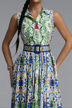 Flowering Girl Women Sleeveless Collared Tile Print Belted A-Line Midi Dress