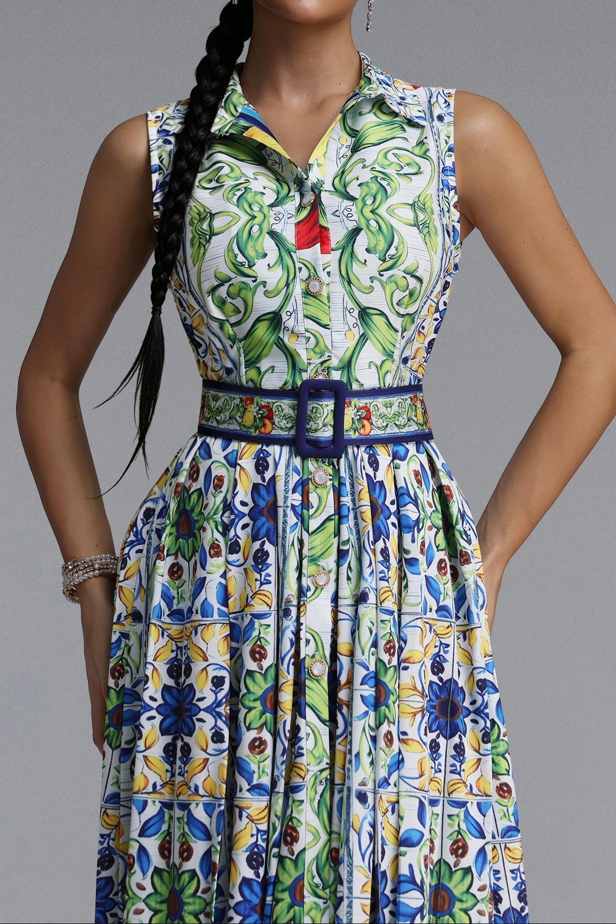 Flowering Girl Women Sleeveless Collared Tile Print Belted A-Line Midi Dress