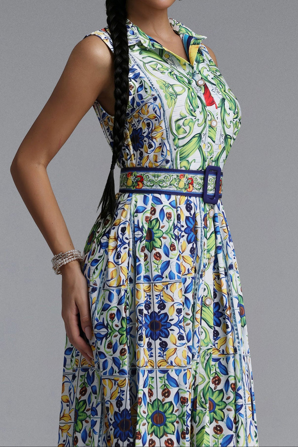 Flowering Girl Women Sleeveless Collared Tile Print Belted A-Line Midi Dress