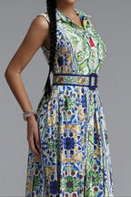 Flowering Girl Women Sleeveless Collared Tile Print Belted A-Line Midi Dress