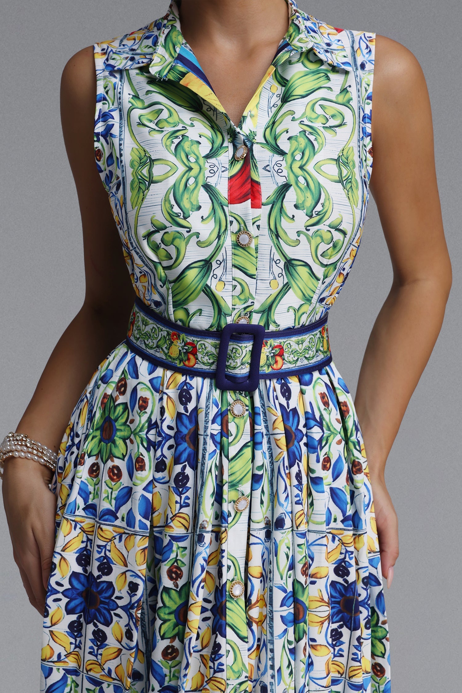 Flowering Girl Women Sleeveless Collared Tile Print Belted A-Line Midi Dress