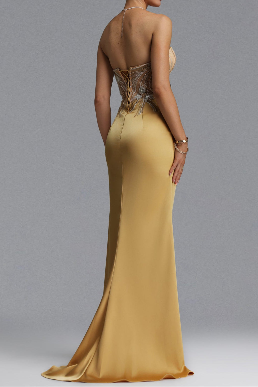 Flowering Girl Women Strapless Rhinestone Mesh Ruffle Satin Mermaid Evening Gown