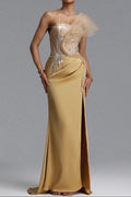 Flowering Girl Women Strapless Rhinestone Mesh Ruffle Satin Mermaid Evening Gown