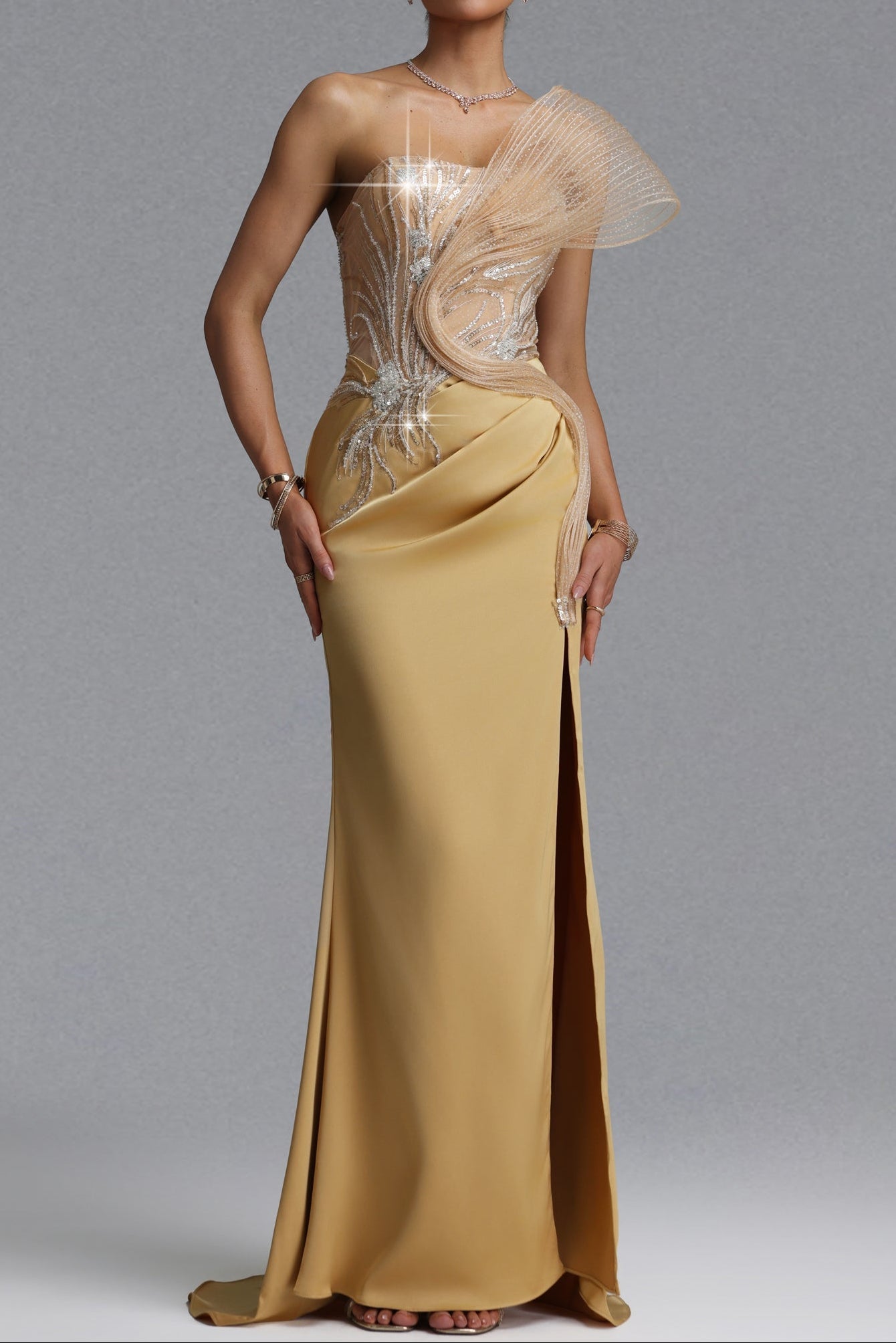 Flowering Girl Women Strapless Rhinestone Mesh Ruffle Satin Mermaid Evening Gown