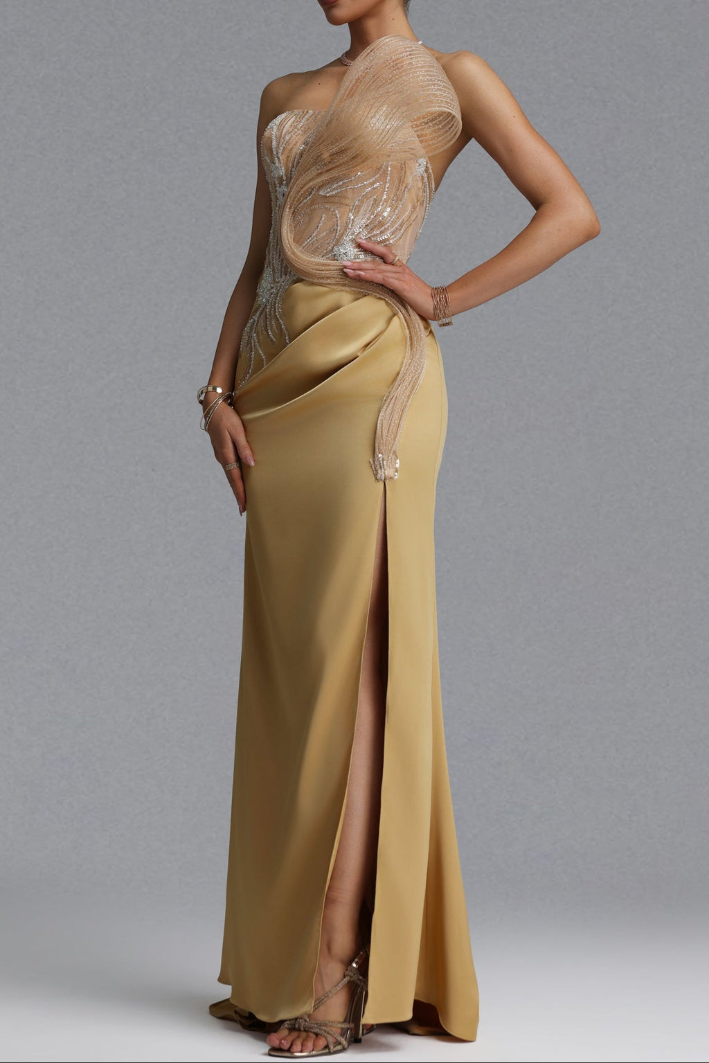 Flowering Girl Women Strapless Rhinestone Mesh Ruffle Satin Mermaid Evening Gown