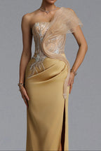 Flowering Girl Women Strapless Rhinestone Mesh Ruffle Satin Mermaid Evening Gown