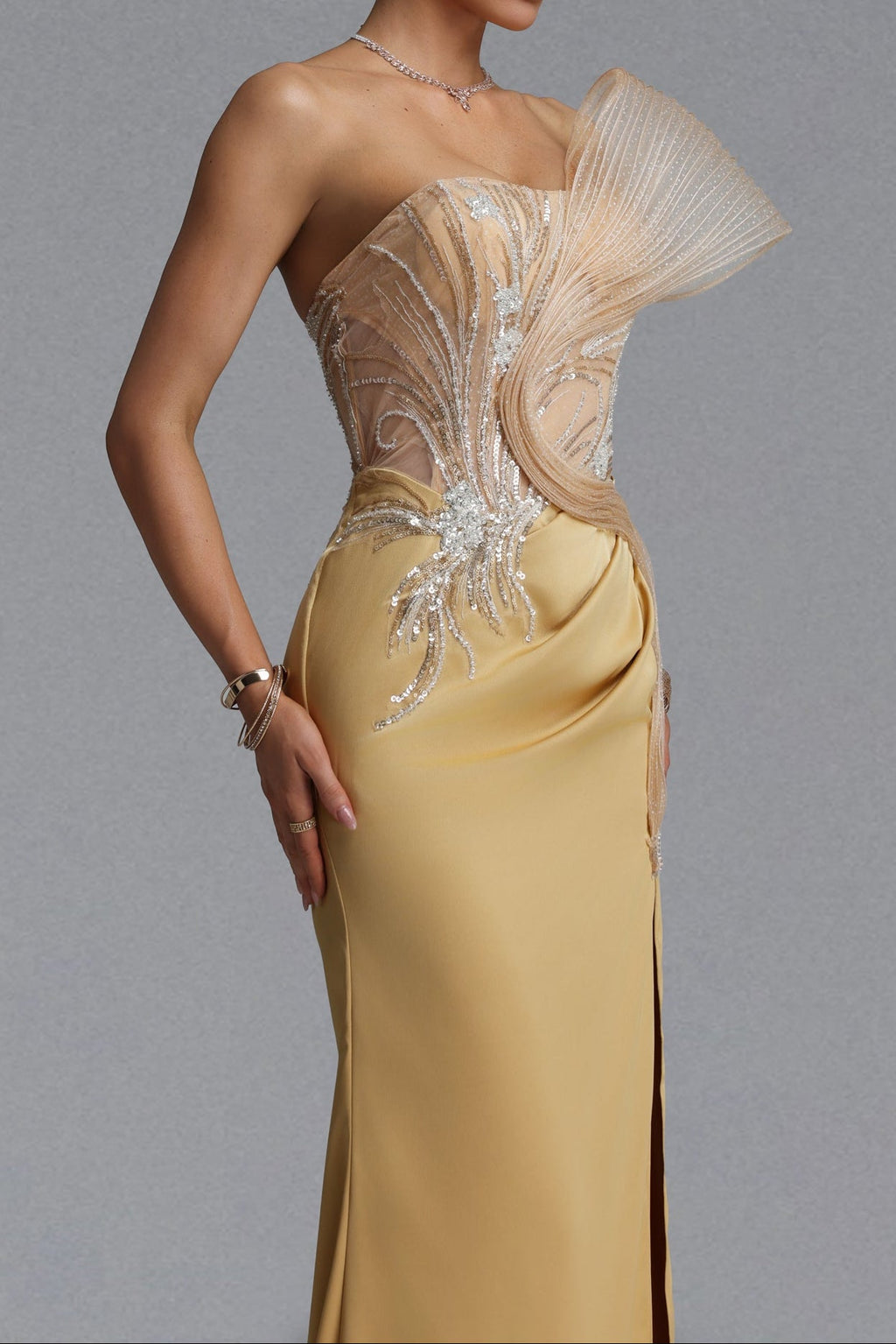 Flowering Girl Women Strapless Rhinestone Mesh Ruffle Satin Mermaid Evening Gown