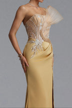 Flowering Girl Women Strapless Rhinestone Mesh Ruffle Satin Mermaid Evening Gown