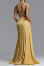 Flowering Girl Women One Shoulder Beaded Mesh Draped Satin Mermaid Evening Gown
