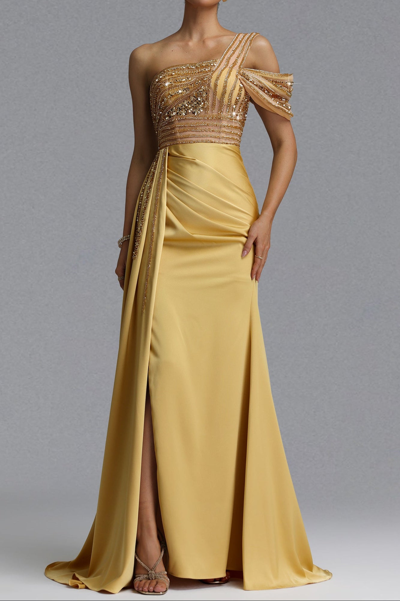 Flowering Girl Women One Shoulder Beaded Mesh Draped Satin Mermaid Evening Gown