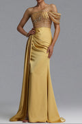 Flowering Girl Women One Shoulder Beaded Mesh Draped Satin Mermaid Evening Gown