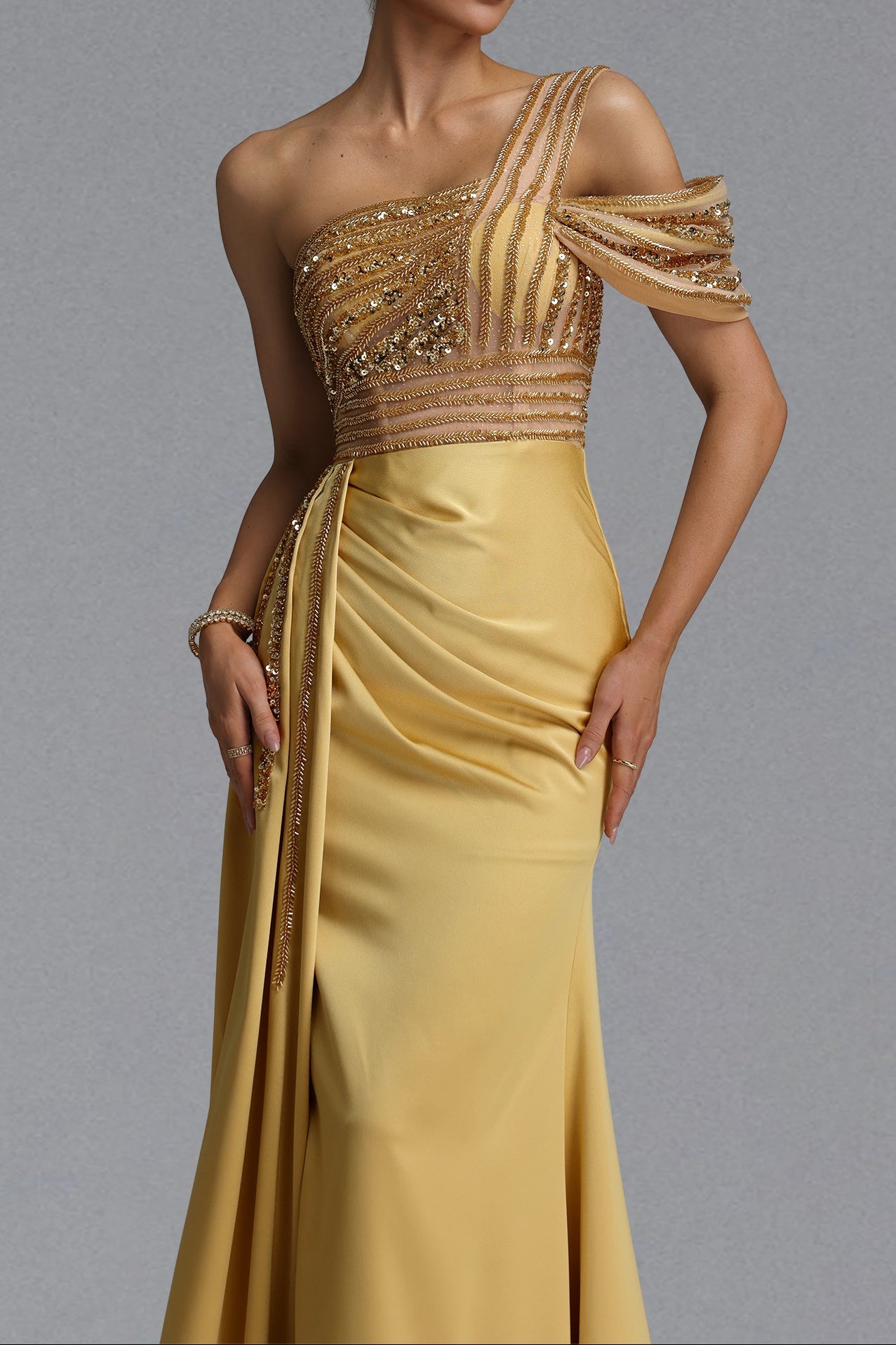 Flowering Girl Women One Shoulder Beaded Mesh Draped Satin Mermaid Evening Gown