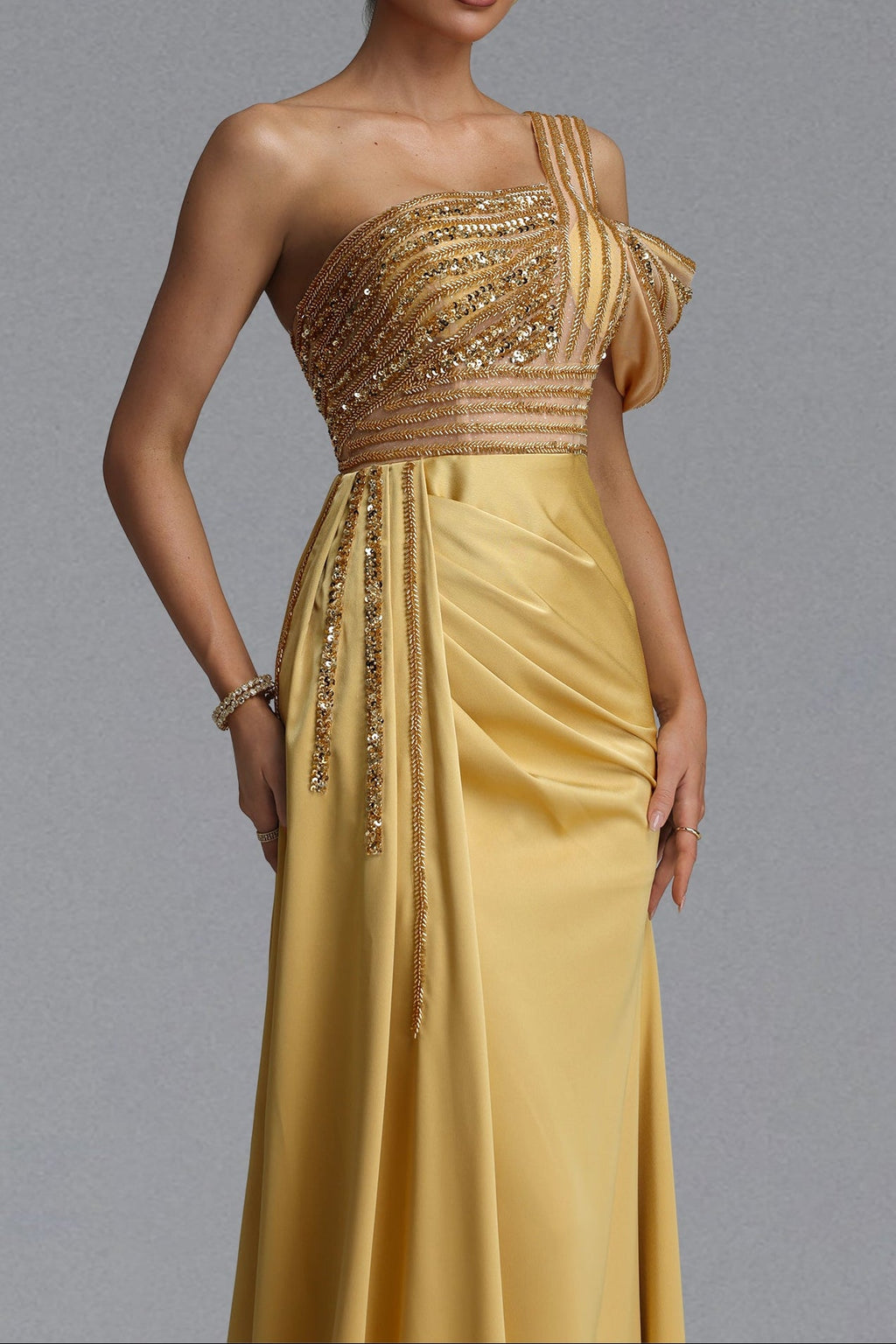 Flowering Girl Women One Shoulder Beaded Mesh Draped Satin Mermaid Evening Gown