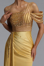Flowering Girl Women One Shoulder Beaded Mesh Draped Satin Mermaid Evening Gown