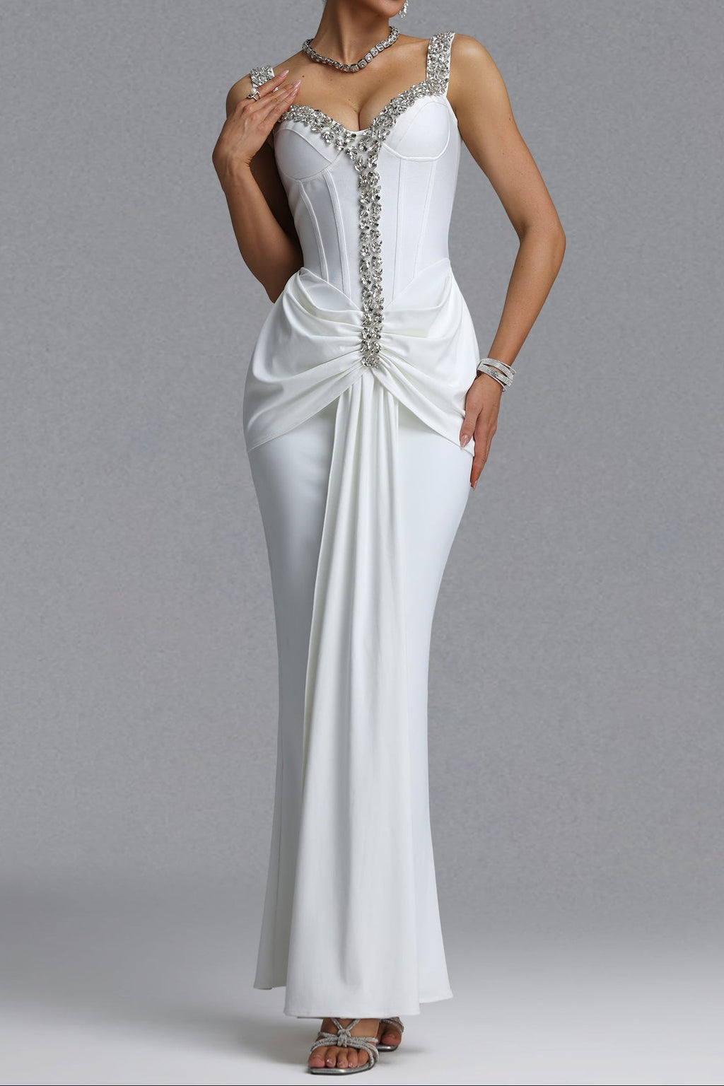 Flowering Girl Women Rhinestone Trim Corset Draped Mermaid Maxi Dress