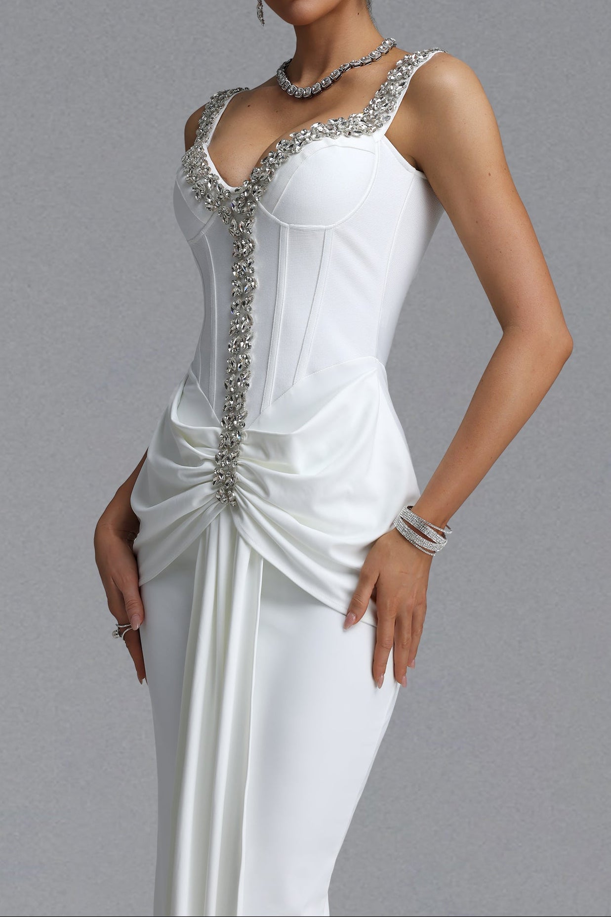 Flowering Girl Women Rhinestone Trim Corset Draped Mermaid Maxi Dress