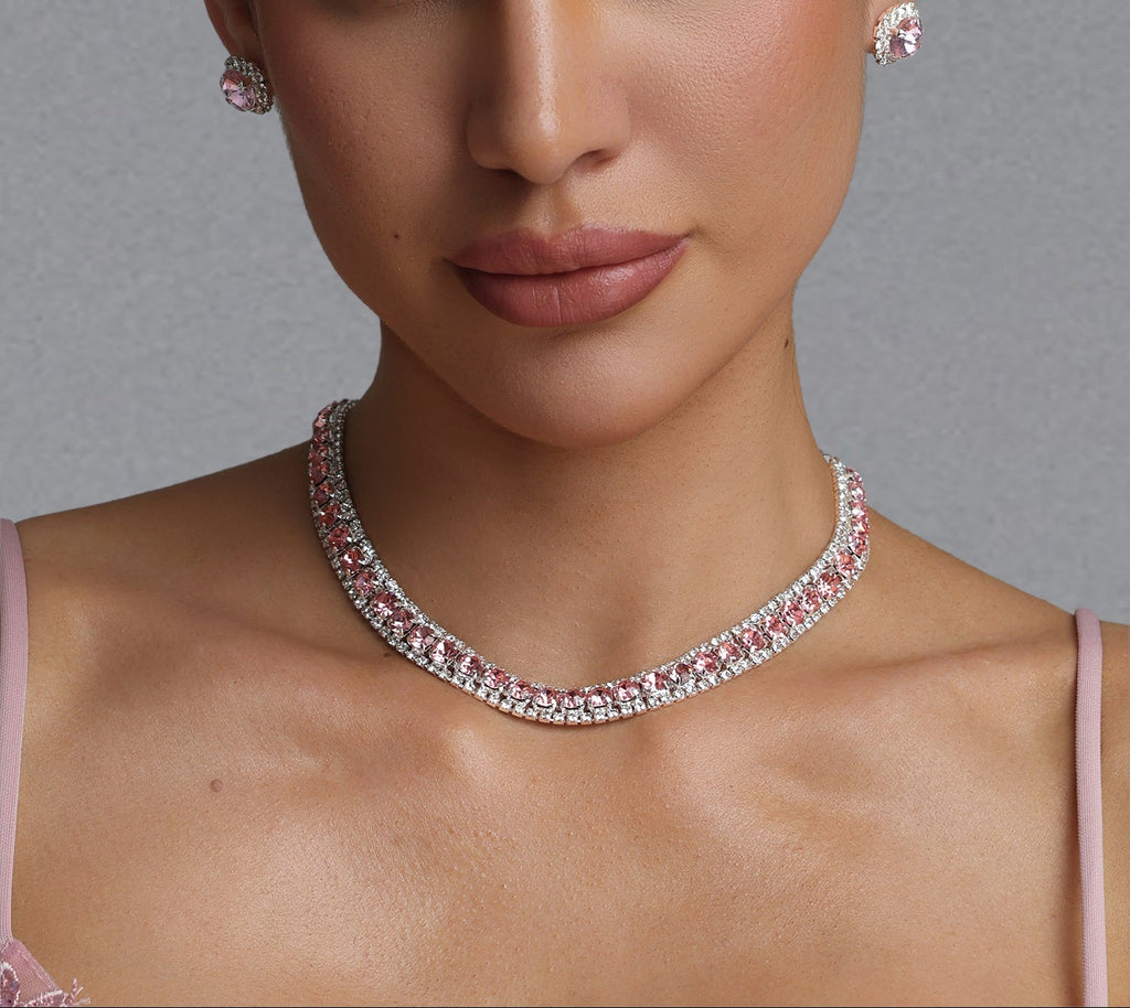 Flowering Girl Women Pink Crystal Rhinestone Choker & Stud Earring Jewelry Set