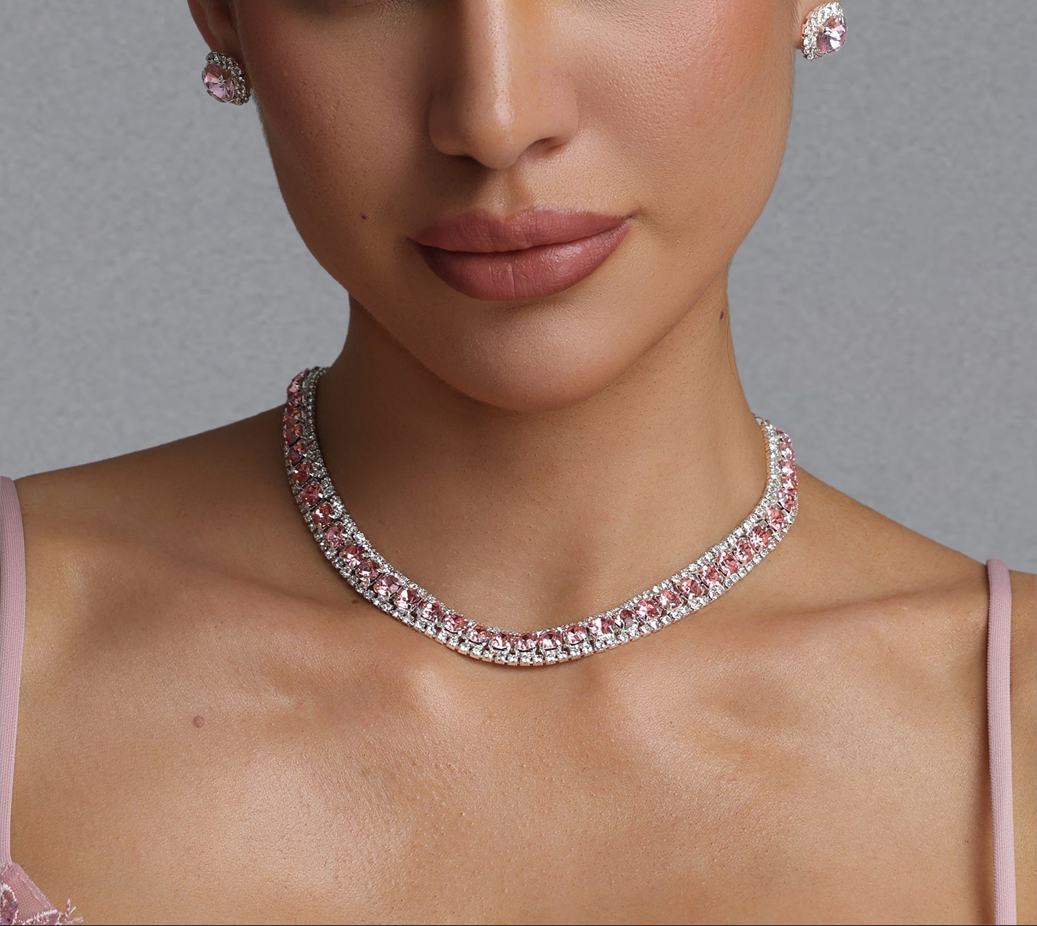 Flowering Girl Women Pink Crystal Rhinestone Choker & Stud Earring Jewelry Set