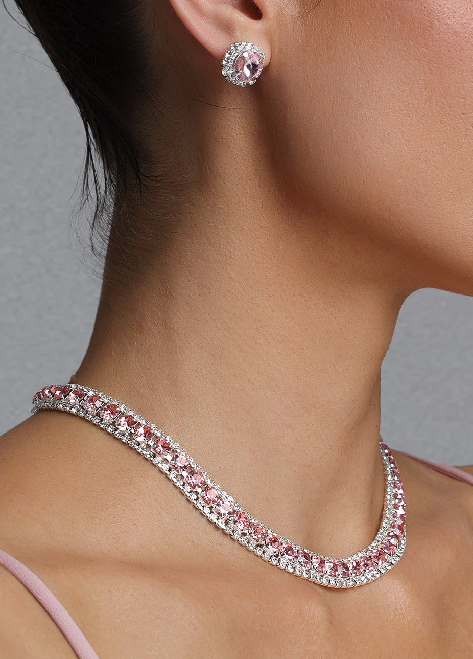 Flowering Girl Women Pink Crystal Rhinestone Choker & Stud Earring Jewelry Set