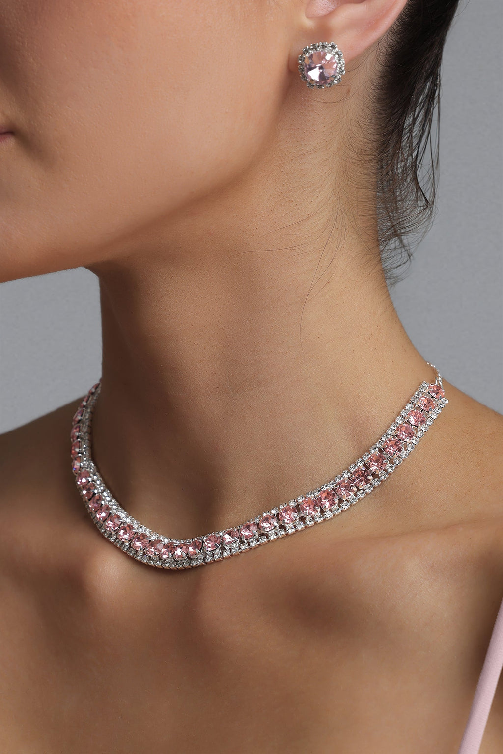 Flowering Girl Women Pink Crystal Rhinestone Choker & Stud Earring Jewelry Set