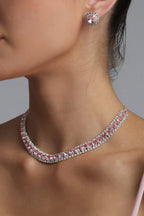 Flowering Girl Women Pink Crystal Rhinestone Choker & Stud Earring Jewelry Set