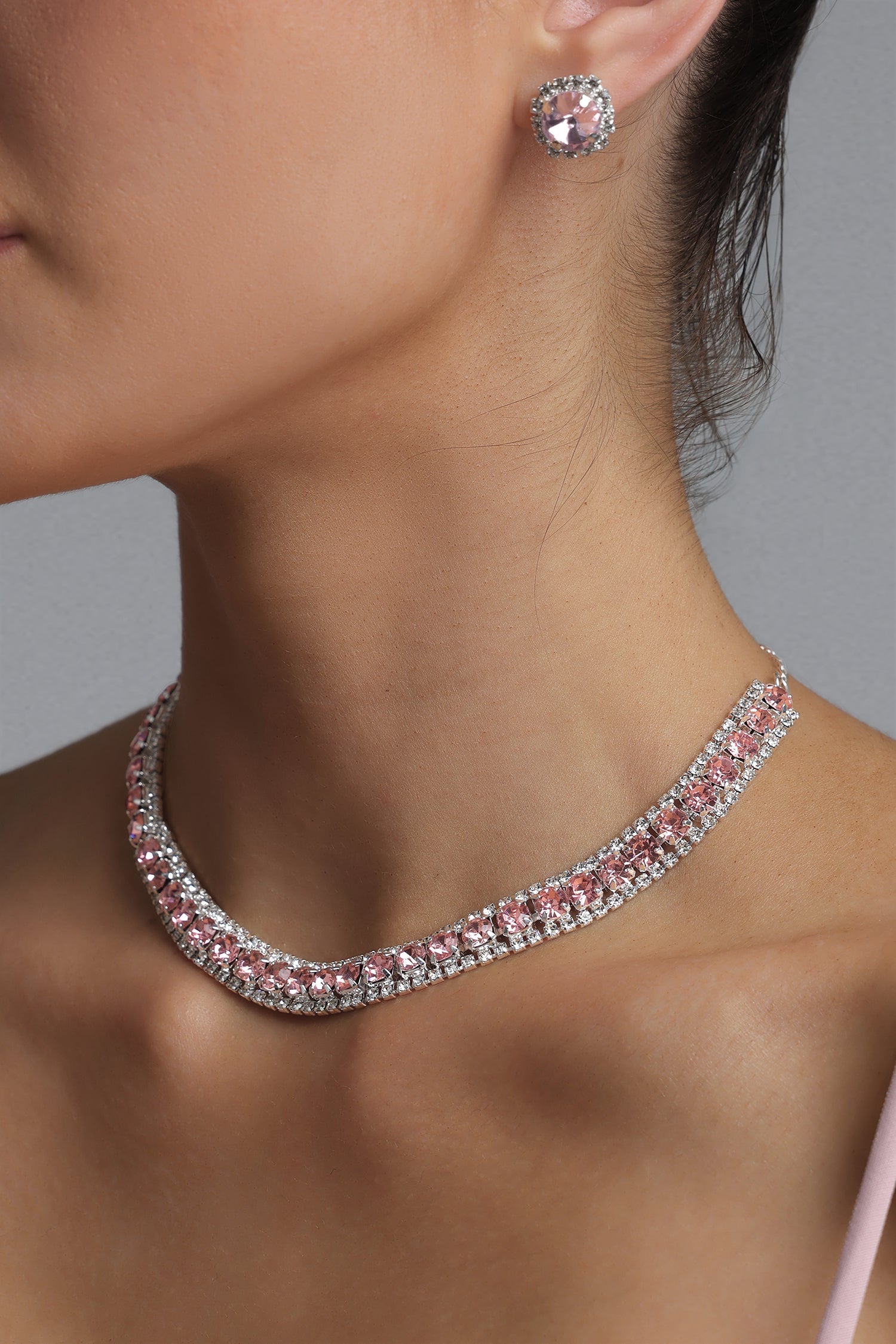 Flowering Girl Women Pink Crystal Rhinestone Choker & Stud Earring Jewelry Set