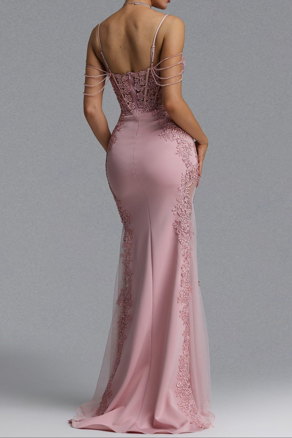 Flowering Girl Women Beaded Fringe Strap Lace Corset Mermaid Tulle Evening Gown