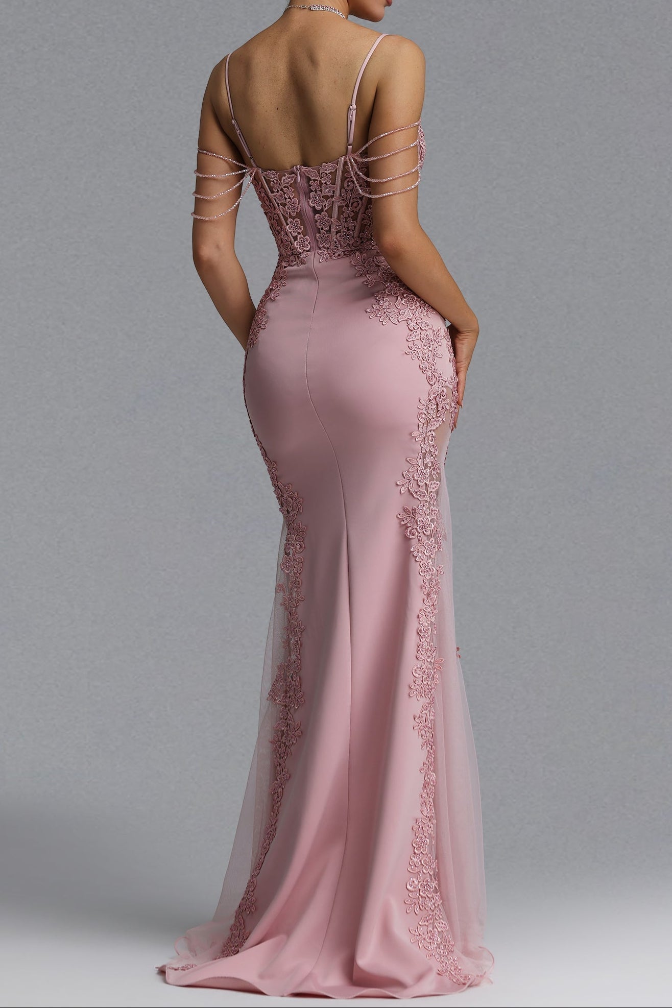 Flowering Girl Women Beaded Fringe Strap Lace Corset Mermaid Tulle Evening Gown