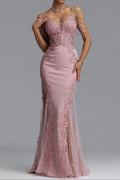 Flowering Girl Women Beaded Fringe Strap Lace Corset Mermaid Tulle Evening Gown
