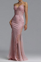 Flowering Girl Women Beaded Fringe Strap Lace Corset Mermaid Tulle Evening Gown