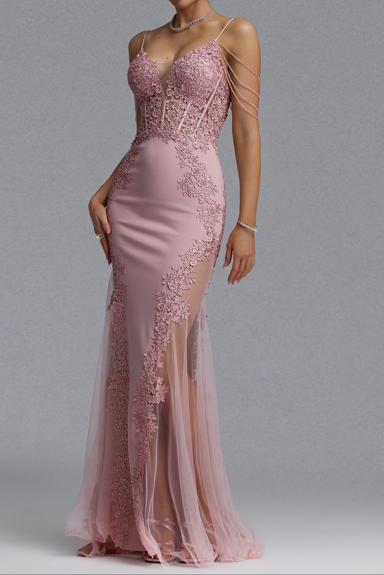 Flowering Girl Women Beaded Fringe Strap Lace Corset Mermaid Tulle Evening Gown