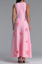 Flowering Girl Women Sleeveless Round Neck 3D Floral Appliqué Straight Midi Dress