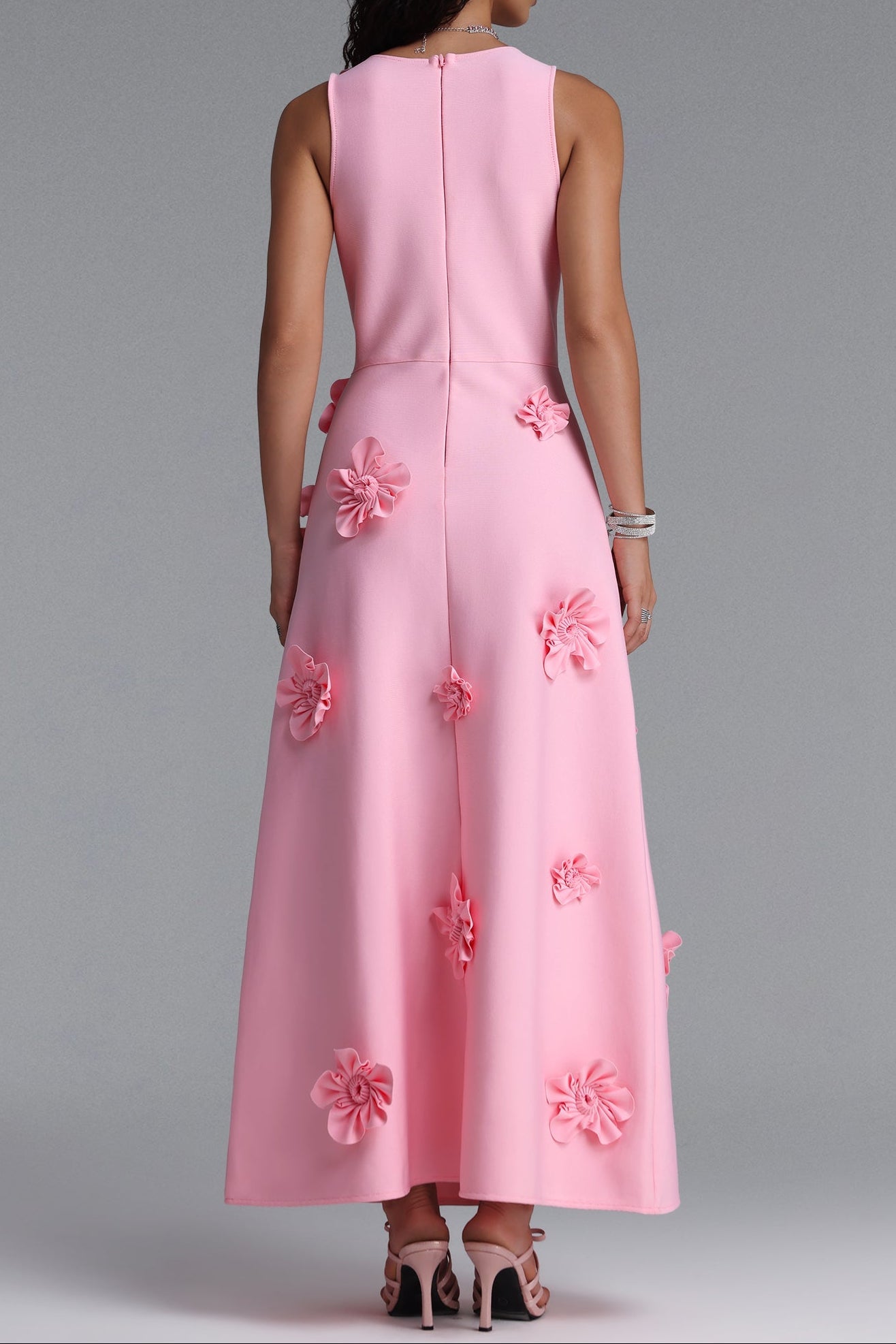 Flowering Girl Women Sleeveless Round Neck 3D Floral Appliqué Straight Midi Dress