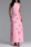 Flowering Girl Women Sleeveless Round Neck 3D Floral Appliqué Straight Midi Dress