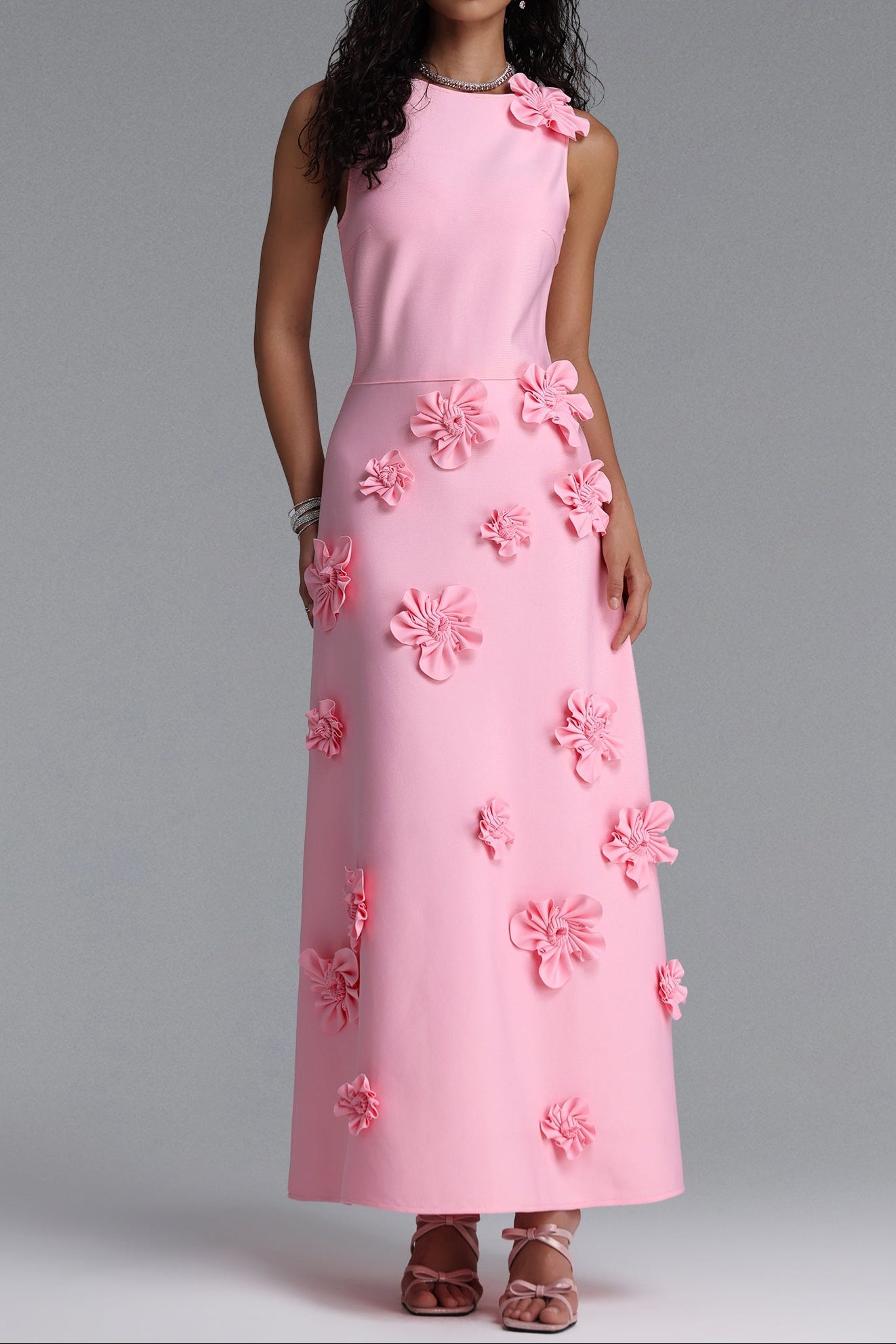 Flowering Girl Women Sleeveless Round Neck 3D Floral Appliqué Straight Midi Dress