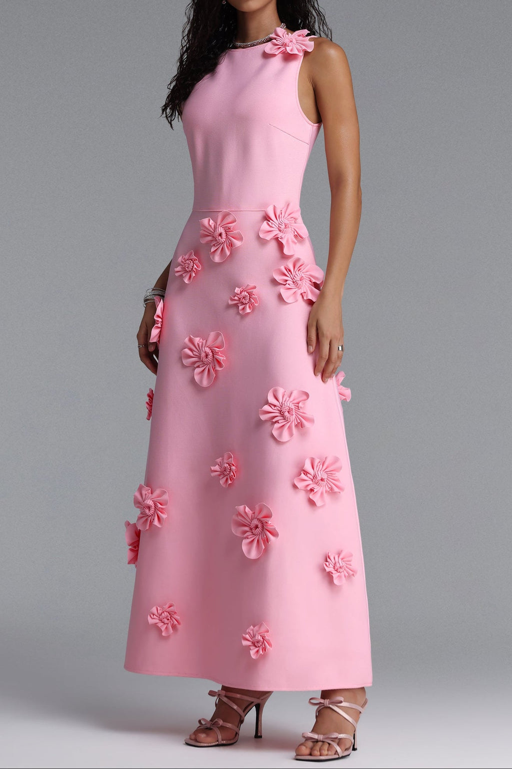 Flowering Girl Women Sleeveless Round Neck 3D Floral Appliqué Straight Midi Dress
