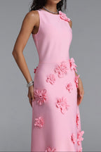 Flowering Girl Women Sleeveless Round Neck 3D Floral Appliqué Straight Midi Dress