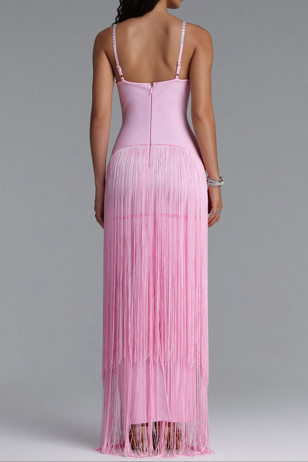 Flowering Girl Women Rhinestone Floral Fringe Spaghetti Strap Maxi Dress