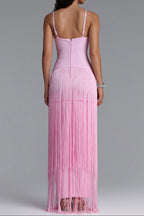 Flowering Girl Women Rhinestone Floral Fringe Spaghetti Strap Maxi Dress