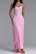 Flowering Girl Women Rhinestone Floral Fringe Spaghetti Strap Maxi Dress