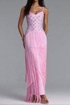 Flowering Girl Women Rhinestone Floral Fringe Spaghetti Strap Maxi Dress