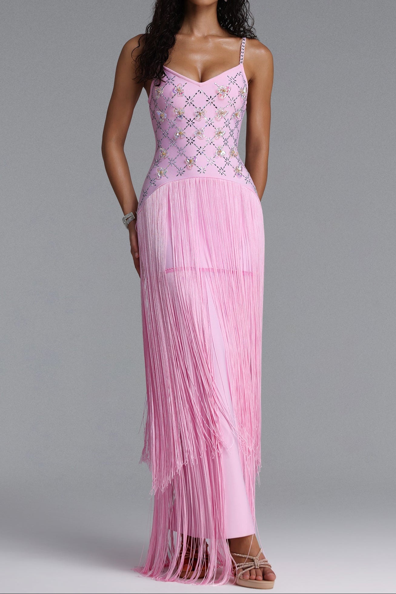 Flowering Girl Women Rhinestone Floral Fringe Spaghetti Strap Maxi Dress