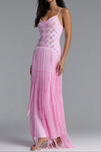Flowering Girl Women Rhinestone Floral Fringe Spaghetti Strap Maxi Dress