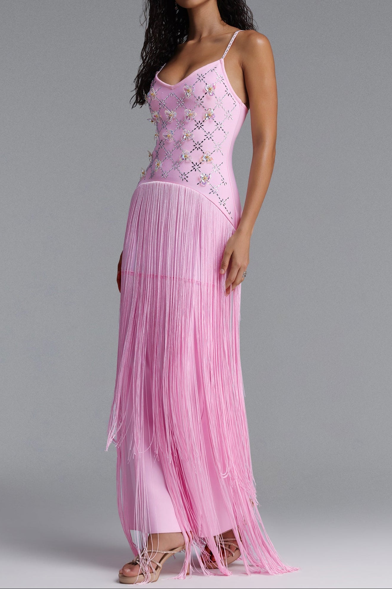 Flowering Girl Women Rhinestone Floral Fringe Spaghetti Strap Maxi Dress