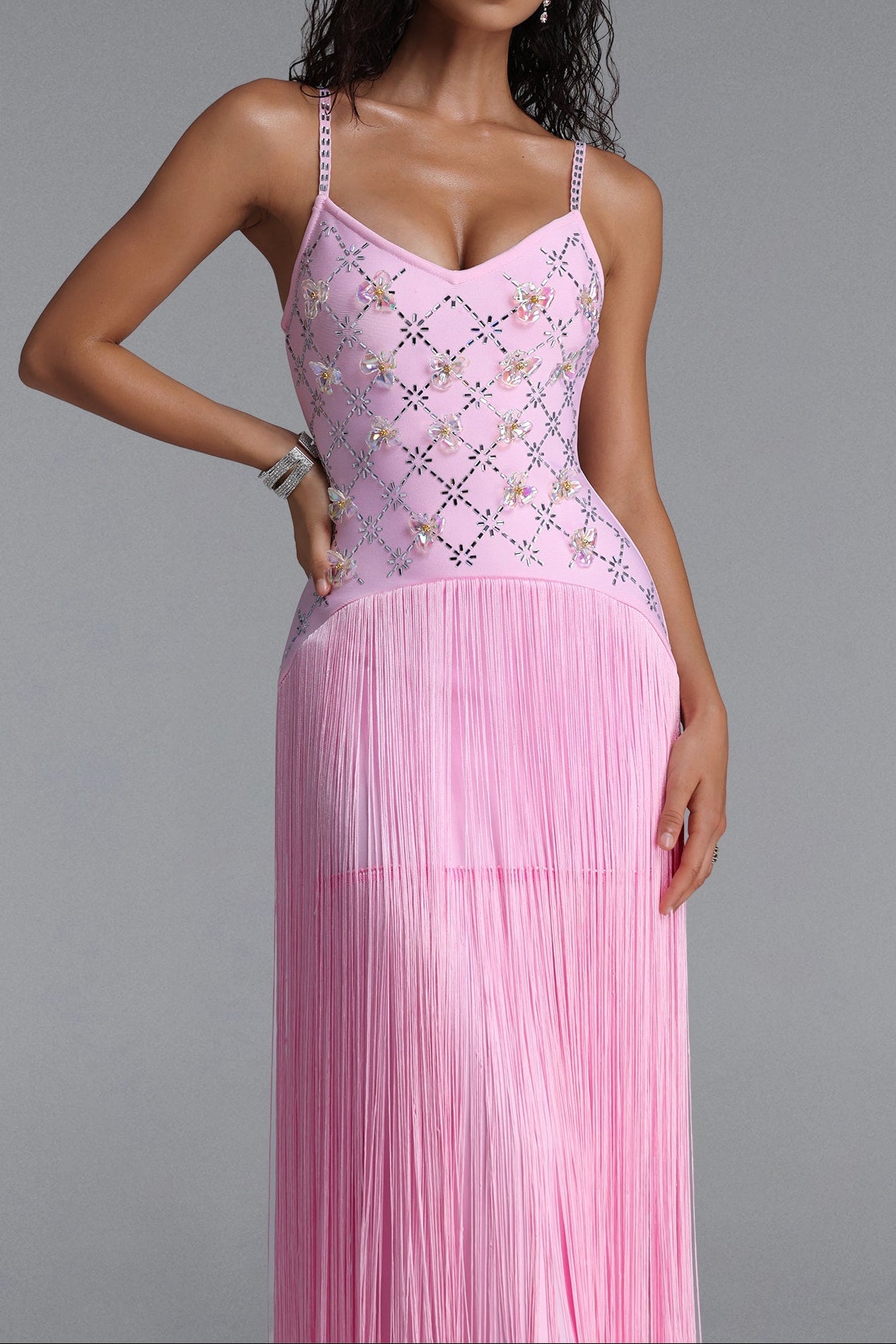 Flowering Girl Women Rhinestone Floral Fringe Spaghetti Strap Maxi Dress
