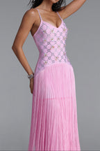 Flowering Girl Women Rhinestone Floral Fringe Spaghetti Strap Maxi Dress